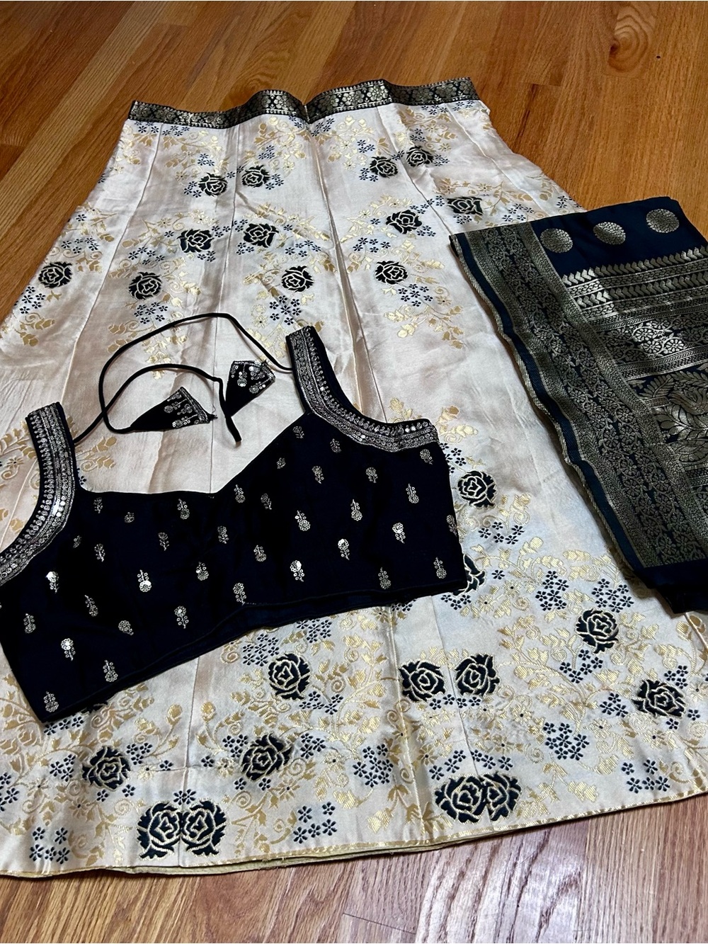 Black & Ivory Embroidered Women's Crop Top with Matching Skirt